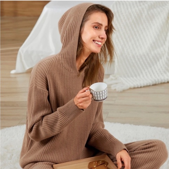 Lilysilk Sweaters - Lilysilk Ribbed Pure Cashmere Hoodie Sweater Brown Women’s Size L